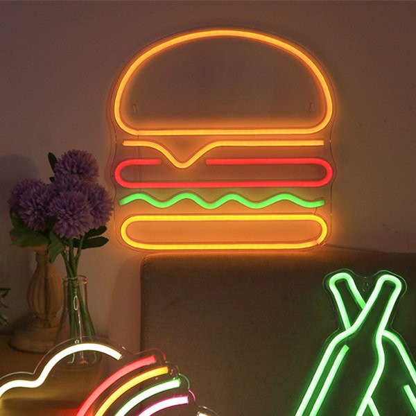 shenjë neoni led me ngjyra të ndezura në mur - hamburger